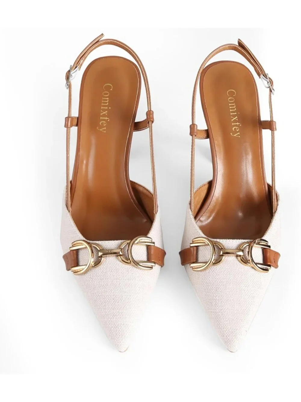 Women's Off White Slingback Pointed Toe Stiletto Heels Shoes Adjustable Buckle
